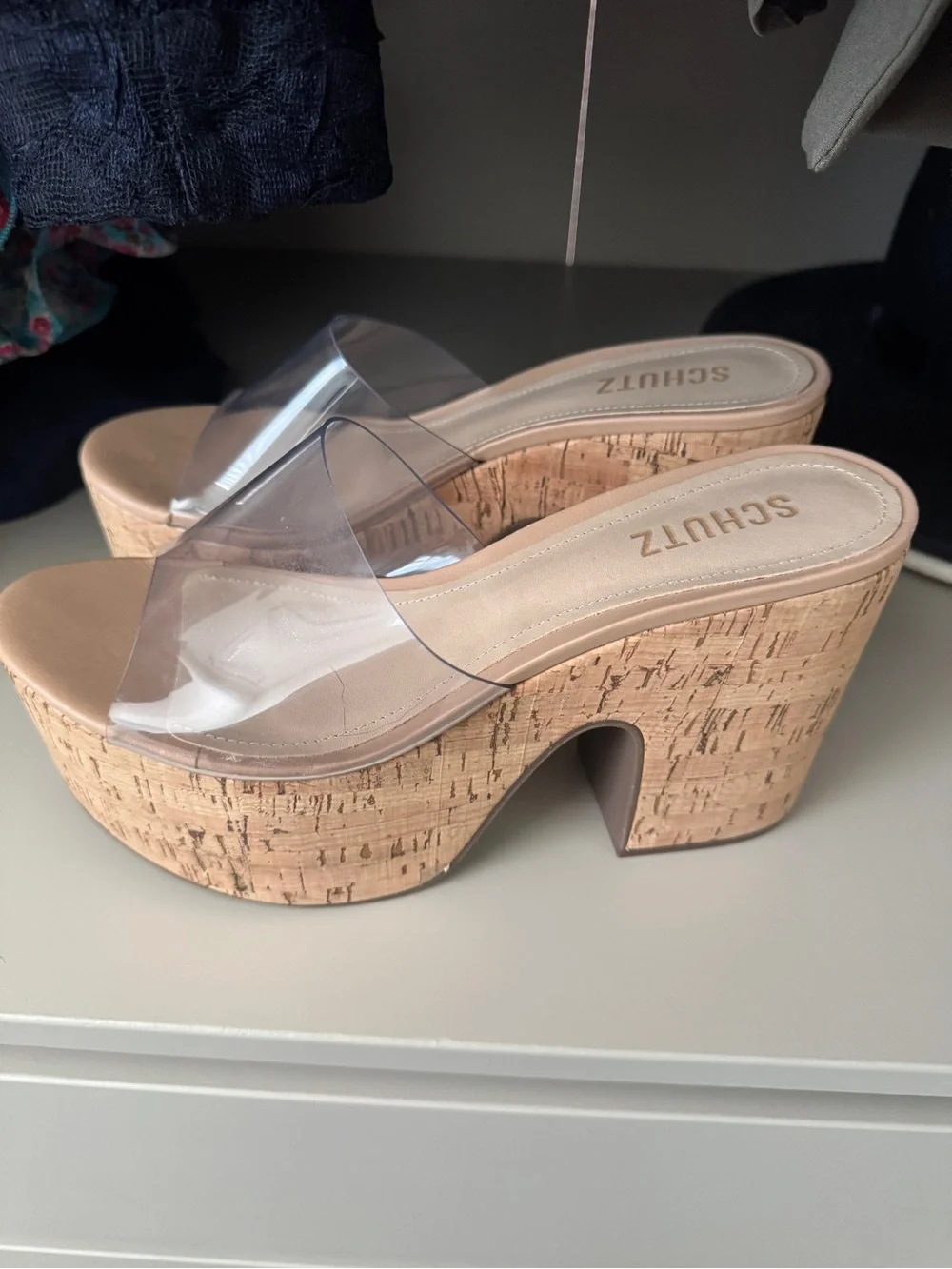 SCHUTZ Clear Strap Cork Platform Sandals in Nude